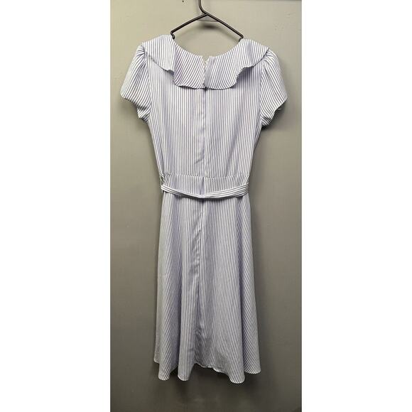 DN Design Dress Womens size 12 Blue White striped Belted Ruffles V Neck‎ - Picture 2 of 8